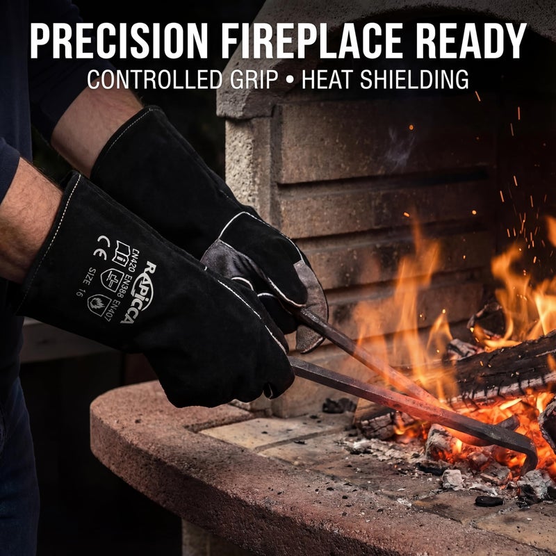 RAPICCA Fireplace Gloves Fire Heat Resistant: Black 14IN - Fireproof Leather for Fireplace Fire Pit Wood Stove Campfire Furnace BBQ Grill Oven Stick Mig Welding Welder Gear - Birthday Gift for men - Image 4